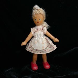 Antique Wooden Peg Vintage Poseable Doll Made In Poland ~ Hand Painted